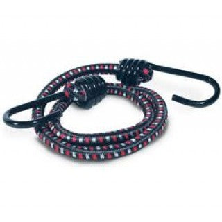Blue bungee cord with red speckle pattern and black hook ends
