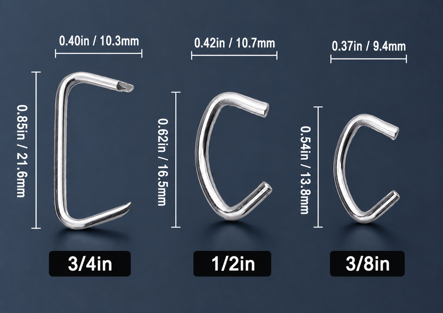 Metal hog rings in three sizes: 3/8in, 1/2in, 3/4in, 100 pcs