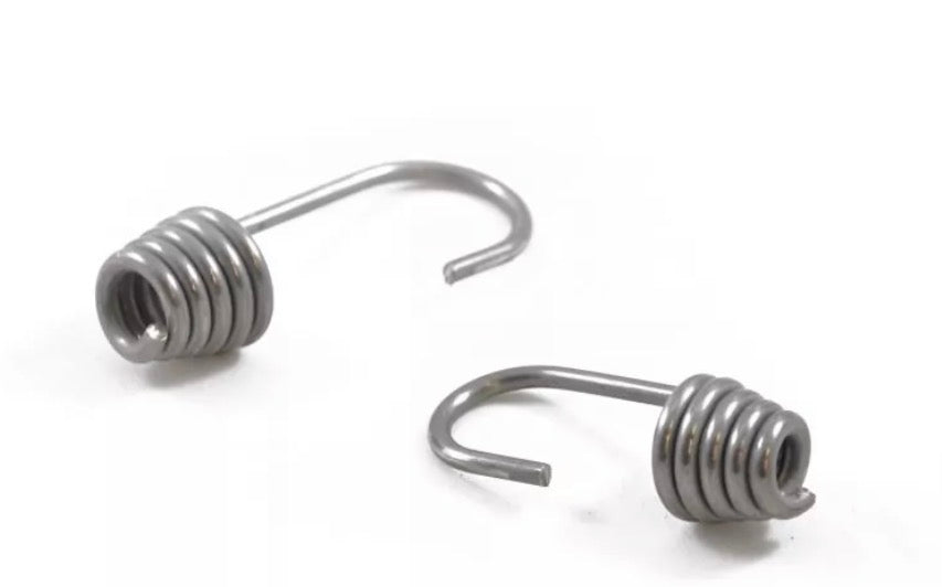 Pair of grey stainless steel bungee cord hooks with coiled cord grips