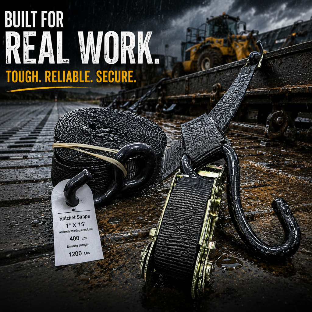 Black 1 in x 15 ft ratchet strap with S-hooks and ratchet buckle