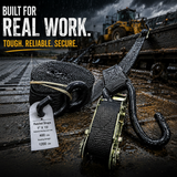 Black 1 in x 15 ft ratchet strap with S-hooks and ratchet buckle