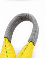 Gray loop handles on a yellow tow strap with stitched webbing