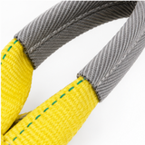 Close-up of gray loop ends with yellow tow strap webbing sections