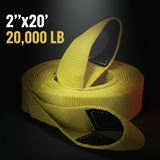 Vehicle recovery strap coiled with loop, yellow webbing and black anchor pads