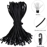 Braided black bungee cords with plastic hooks, multiple loops bundled