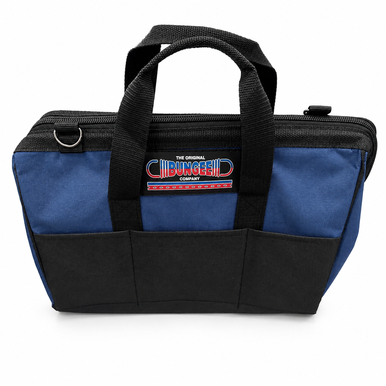 Emergency tow strap storage bag front view with blue logo panel and black carry handle