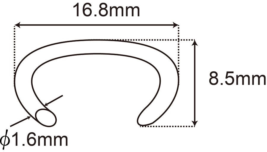 Hog ring dimensions diagram with 16.8mm length and 8.5mm height