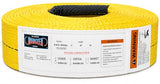 Yellow polyester web lifting sling with black covered eye and white capacity label
