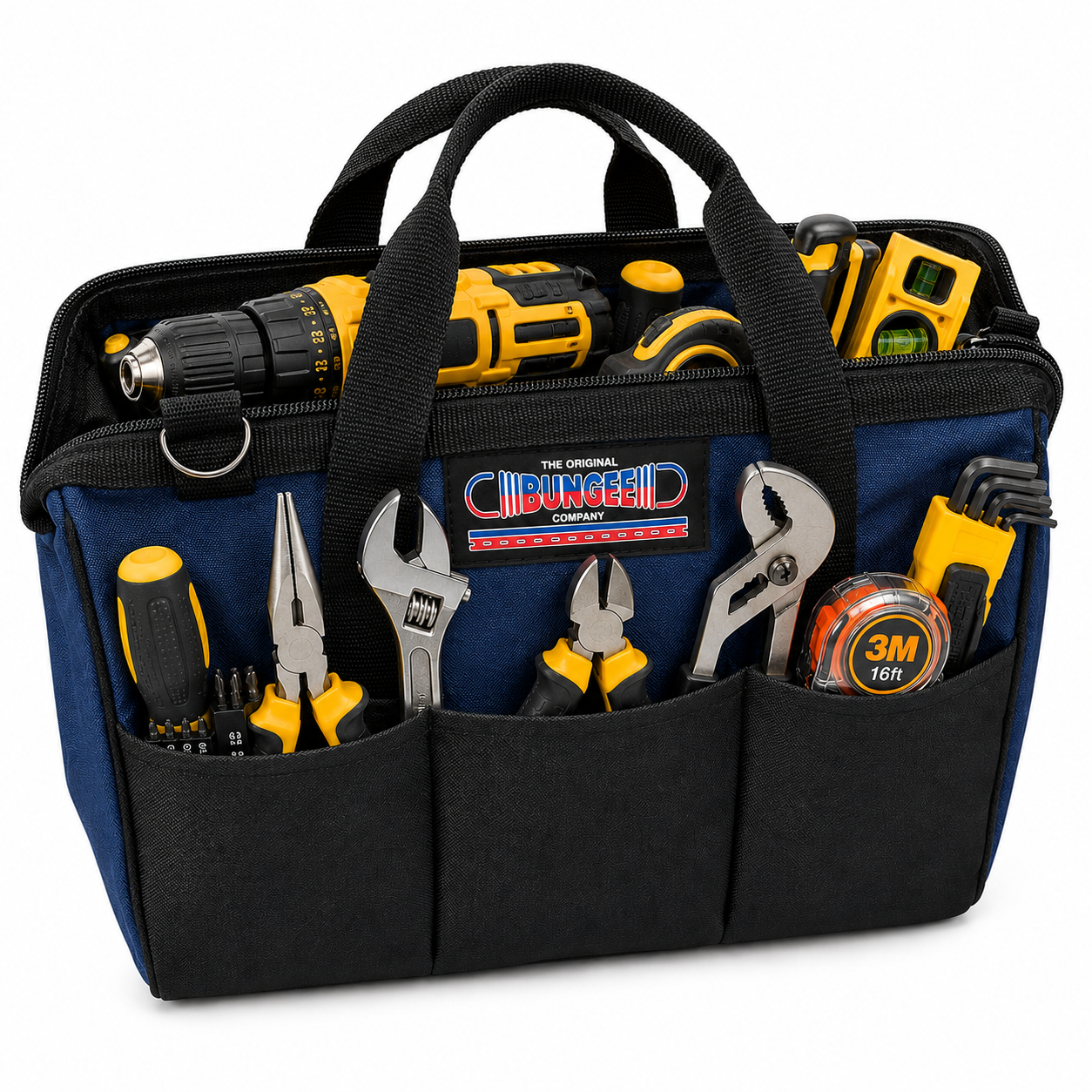Emergency tow strap storage bag with tools in front pockets, blue and black organizer
