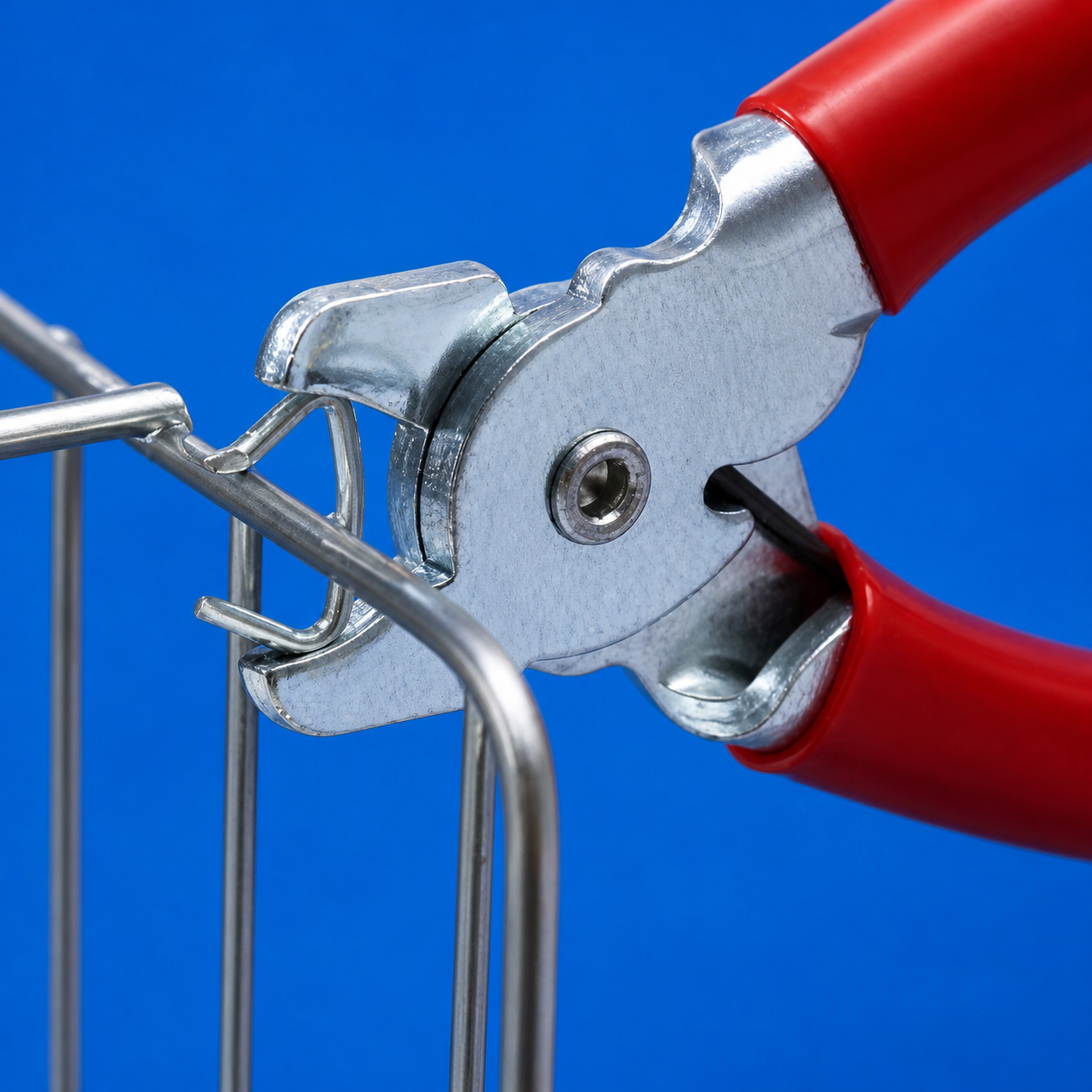 Crimping tool applying a metal hog ring clip, silver U-shaped