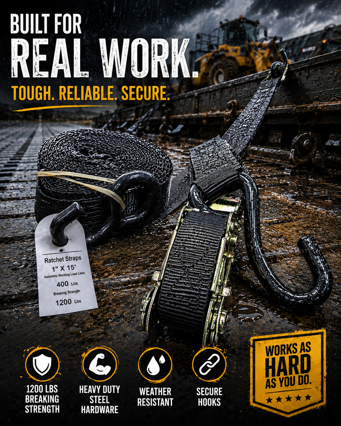 Black 1 in x 15 ft ratchet strap with S-hooks and ratchet buckle
