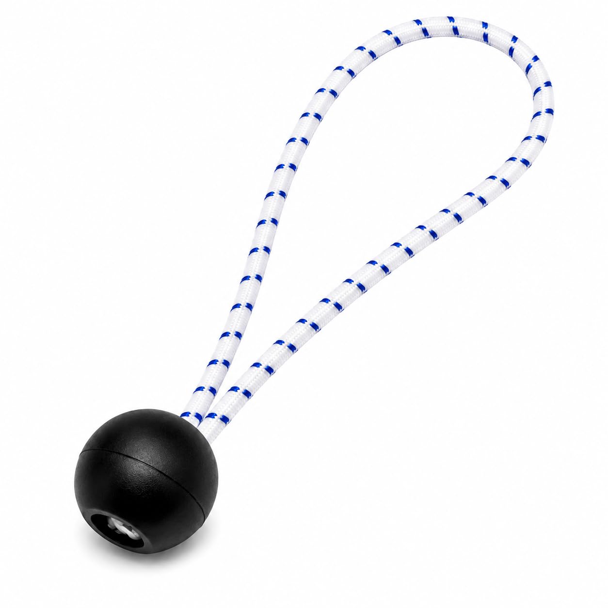 Bungee ball assembly with black ball and blue-and-white striped cord