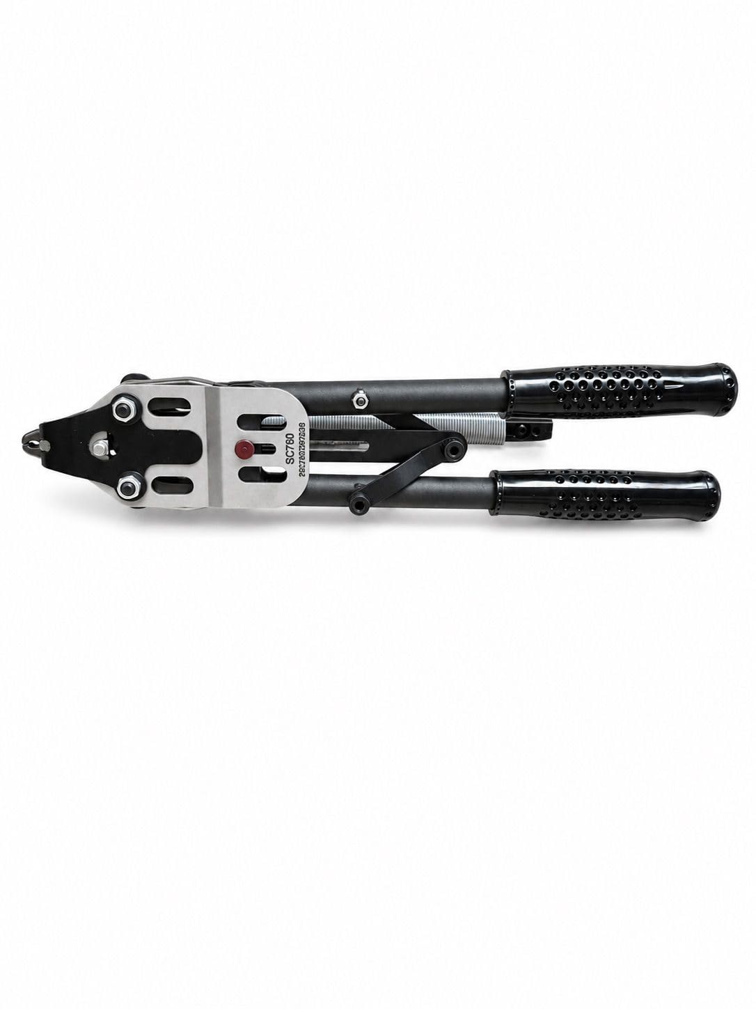 Hog ring tool with silver head plate and black grips, angled view