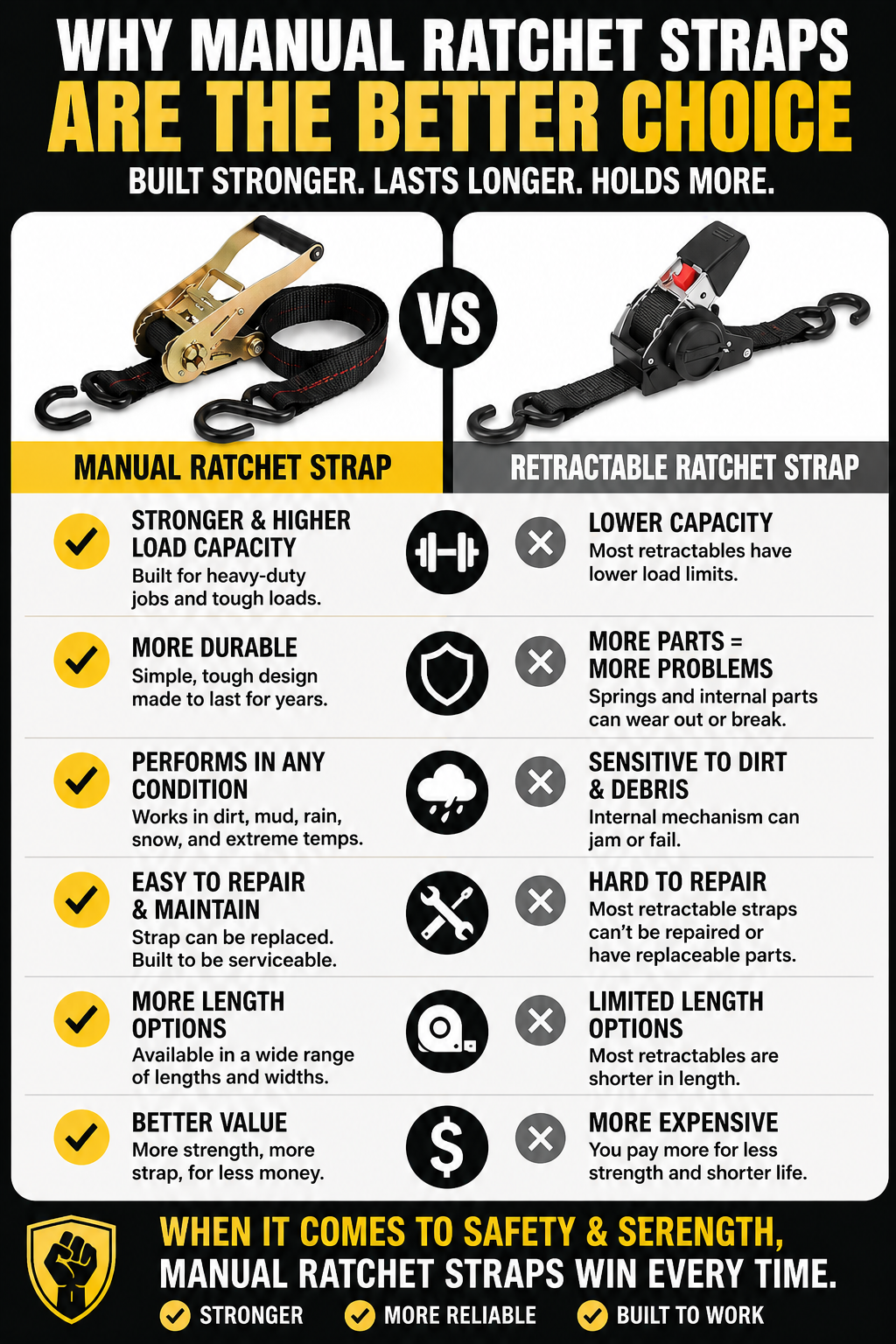 Manual and retractable ratchet straps shown side by side