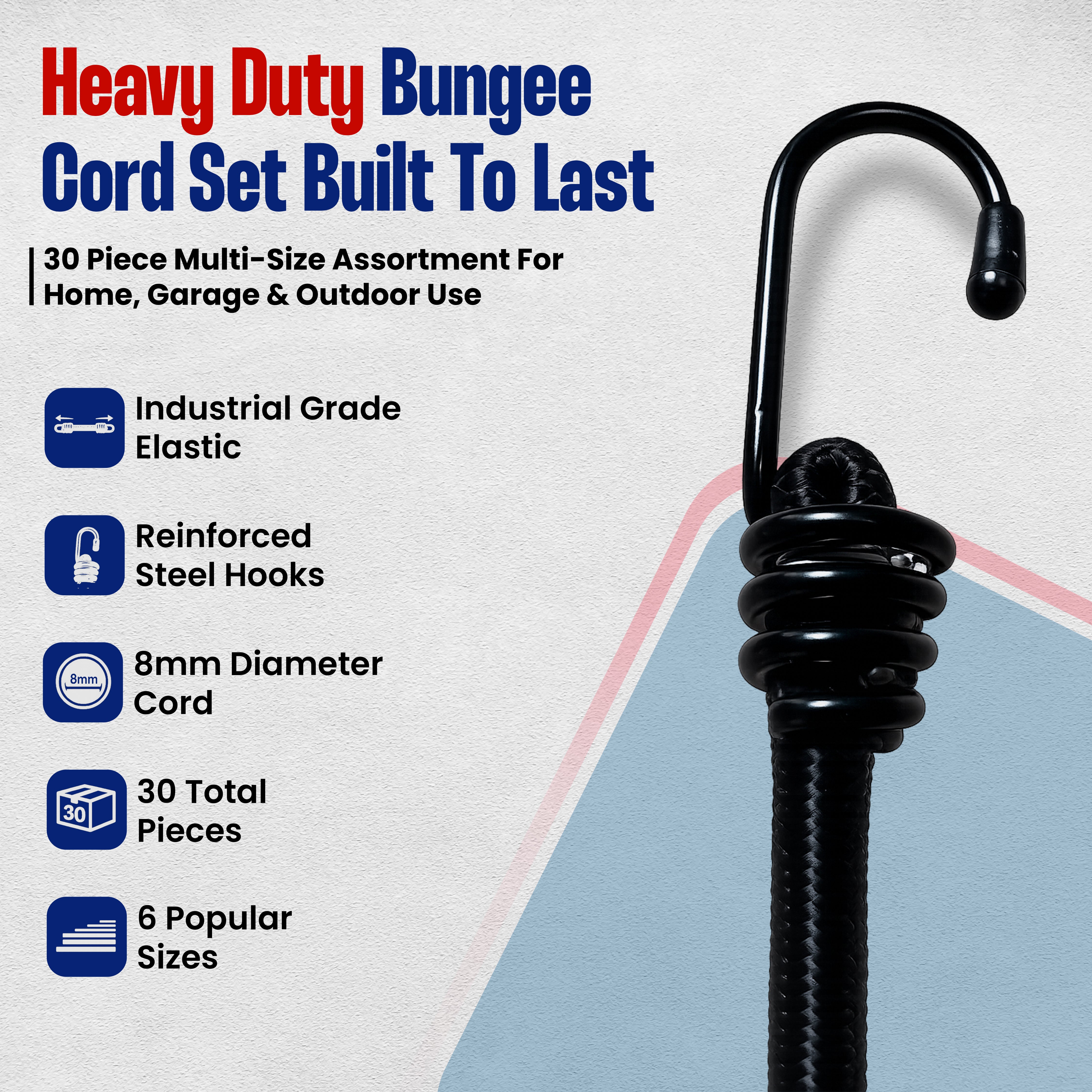 Heavy duty bungee cord set with black coiled cord and metal hook
