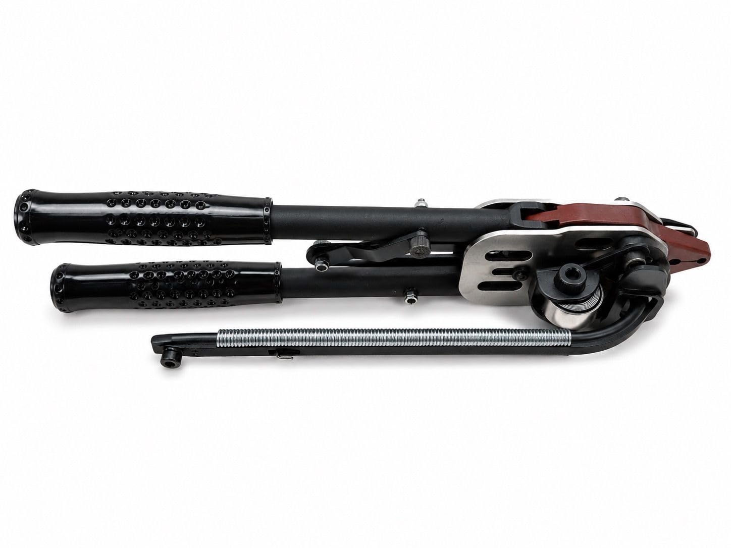 Hog ring tool with black handles and silver crimp mechanism, side view