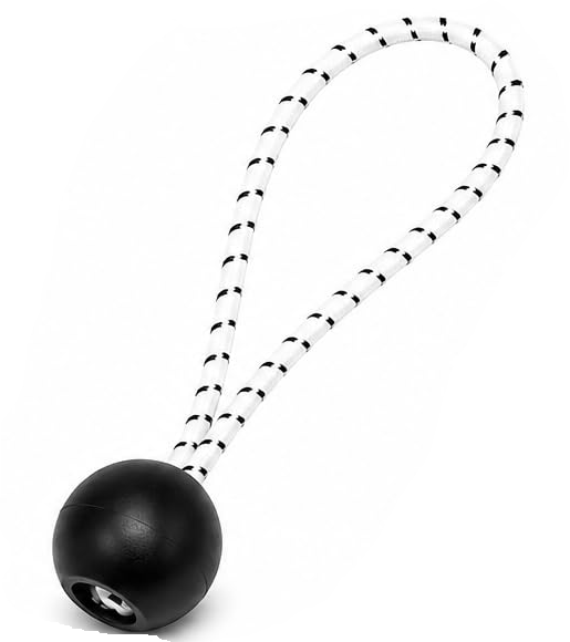 Bungee ball assembly with black ball and white-and-black striped cord