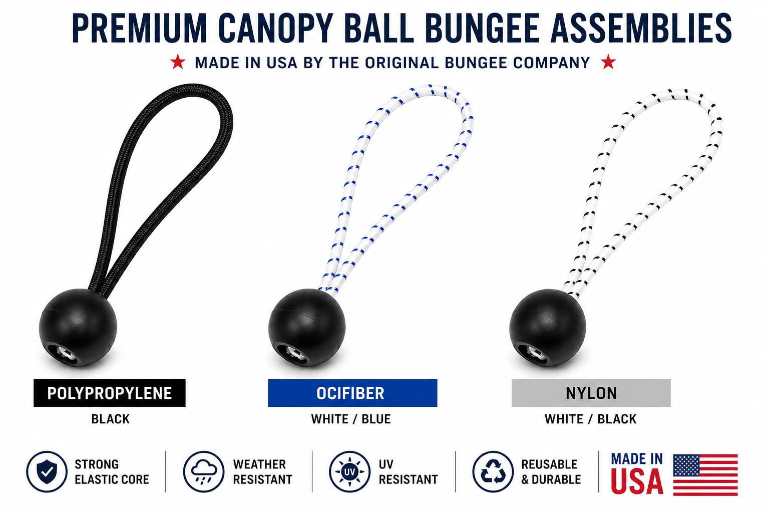 Canopy ball bungee assemblies with black balls and three cord colors: black, white/blue, and white/black
