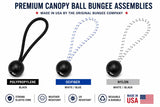 Canopy ball bungee assemblies with black balls and three cord colors: black, white/blue, and white/black