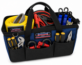 Emergency tow strap storage bag with interior tools in organizer compartments, blue and black