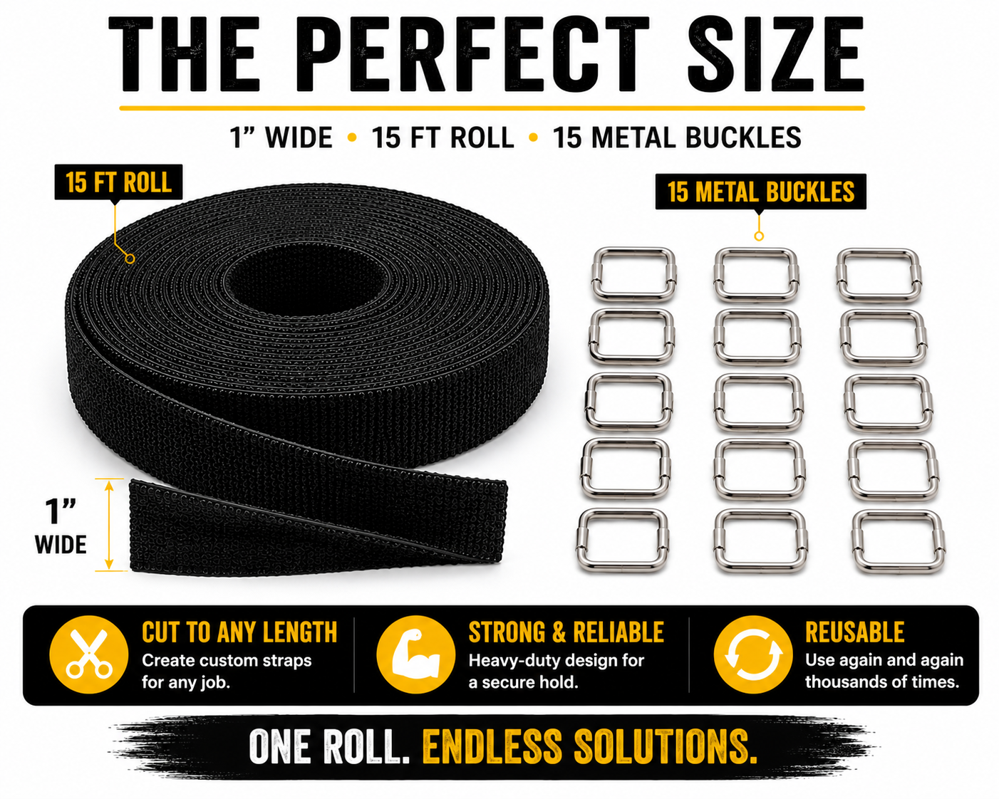 Hook-and-Loop Cinch Strap Kit – 15 ft Roll & 15 Buckles