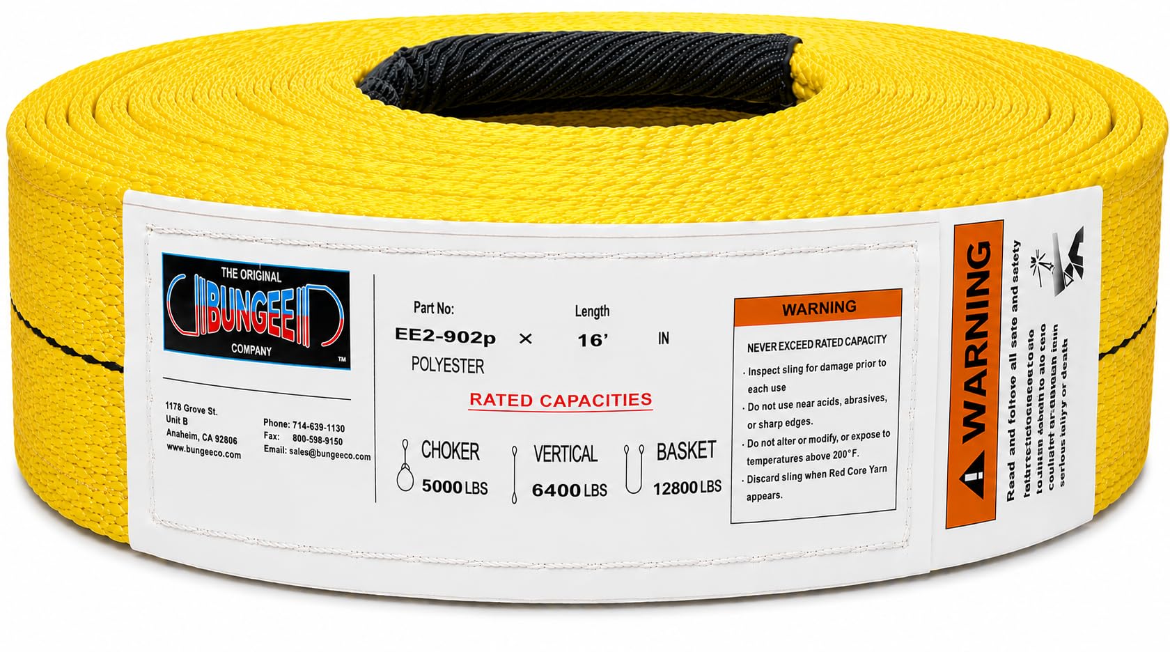 Polyester eye-and-eye lifting sling roll, yellow strap with black eye loop and warning panel