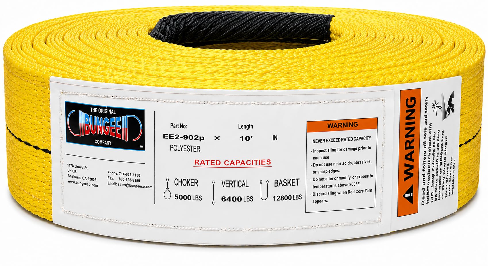 Polyester eye-and-eye lifting sling roll, yellow strap with black eye loops and safety label