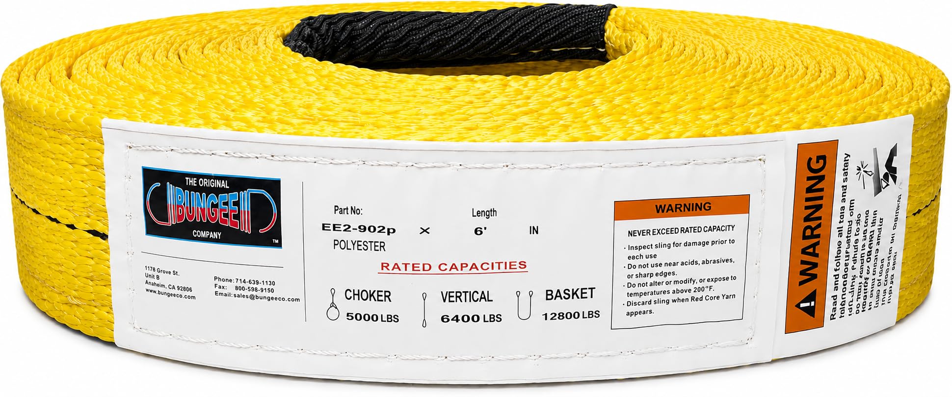 Yellow polyester web lifting sling roll with black covered eye and warning label