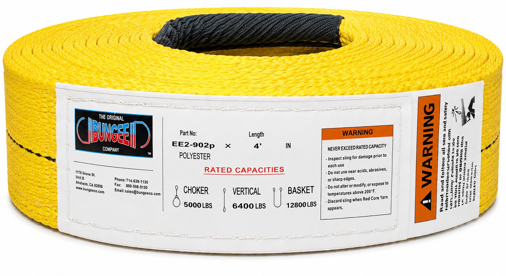 Yellow polyester web lifting sling roll with black eye and rated capacities panel