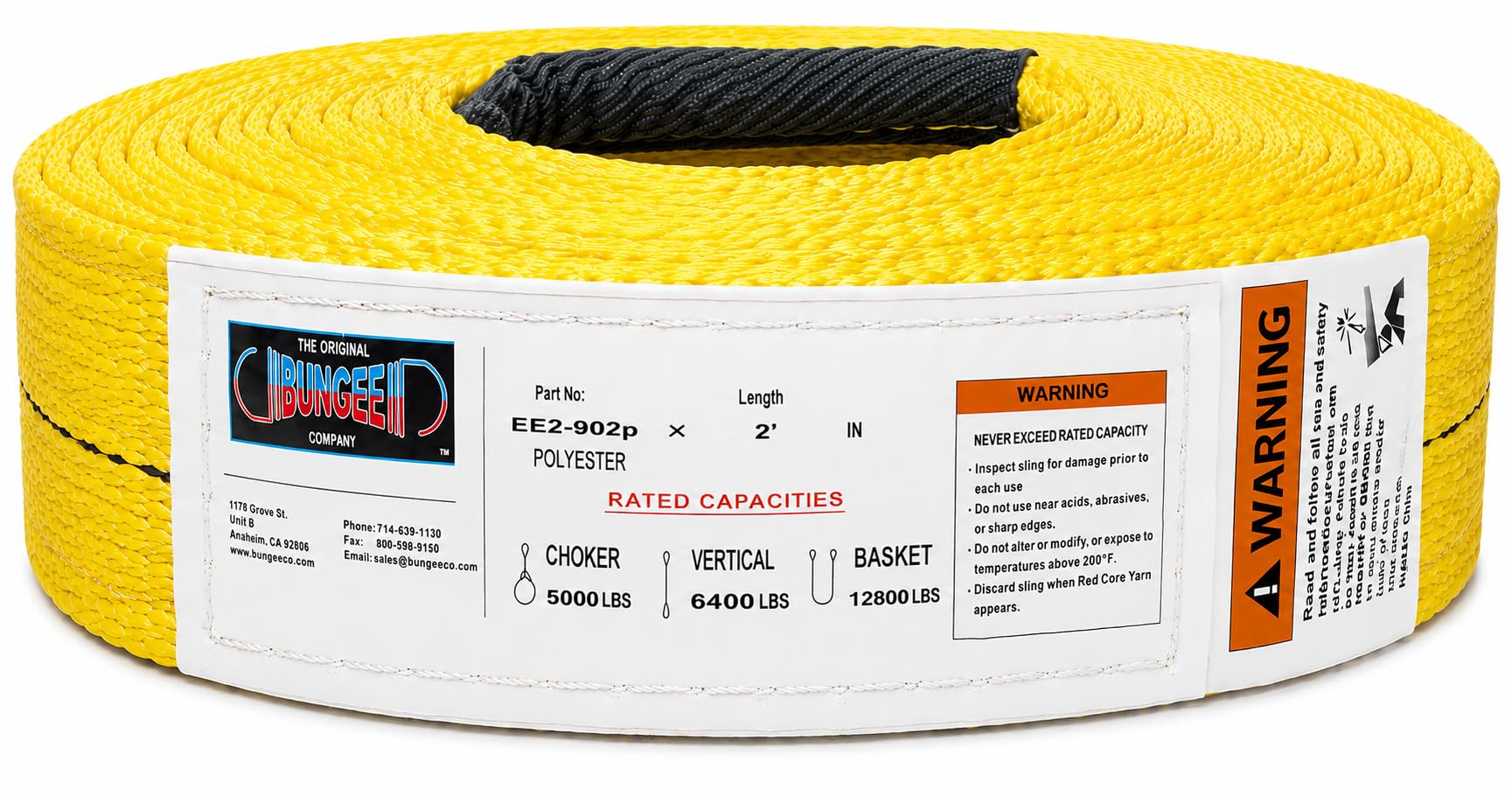 Yellow polyester web lifting sling roll with black eye and warning label