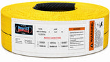 Polyester eye-and-eye lifting sling roll, yellow webbing with black eye at top center