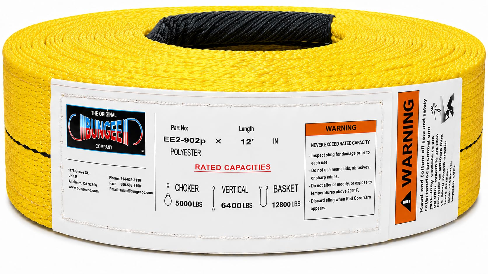 Polyester eye-and-eye lifting sling roll, yellow webbing with black eye at top center