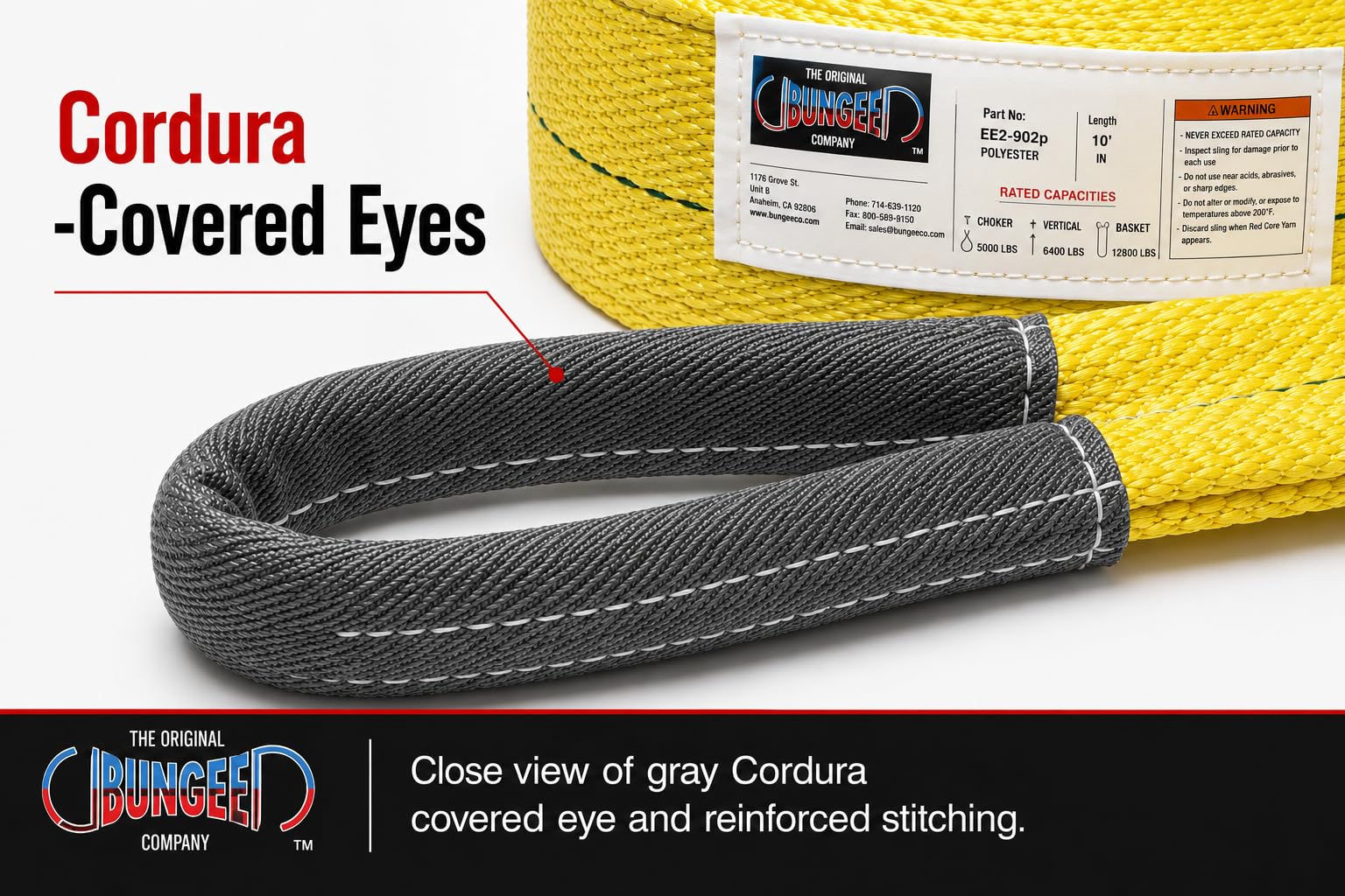 Gray cordura-covered eye with reinforced stitching on yellow lifting sling web