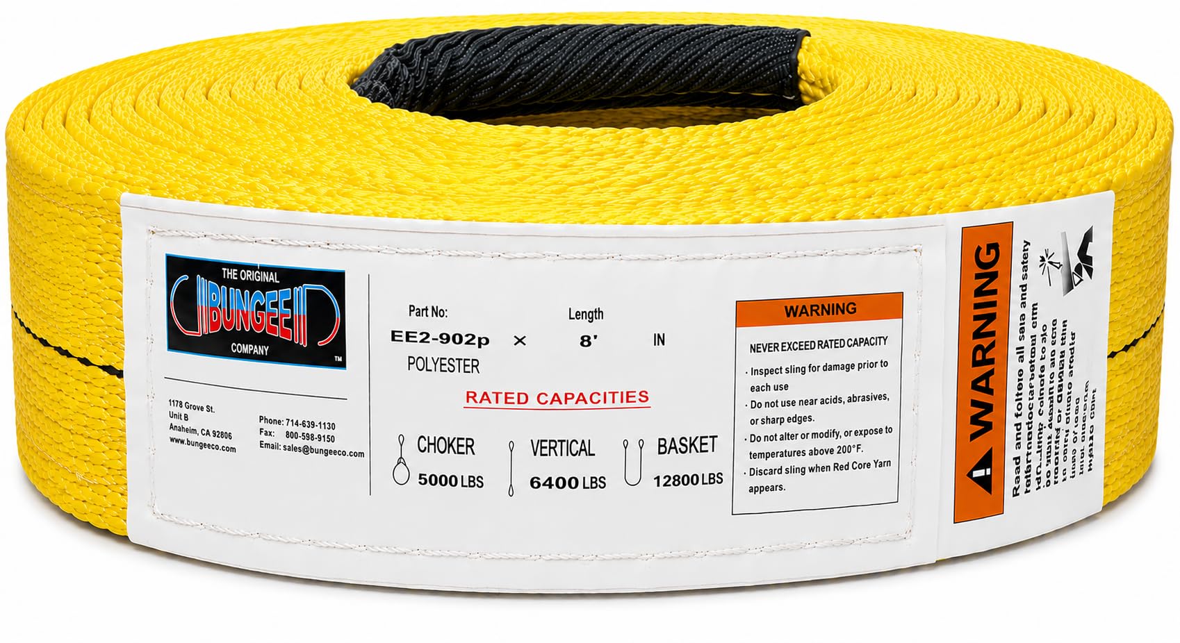 Polyester eye-and-eye lifting sling roll, yellow webbing with black lifting eyes and label