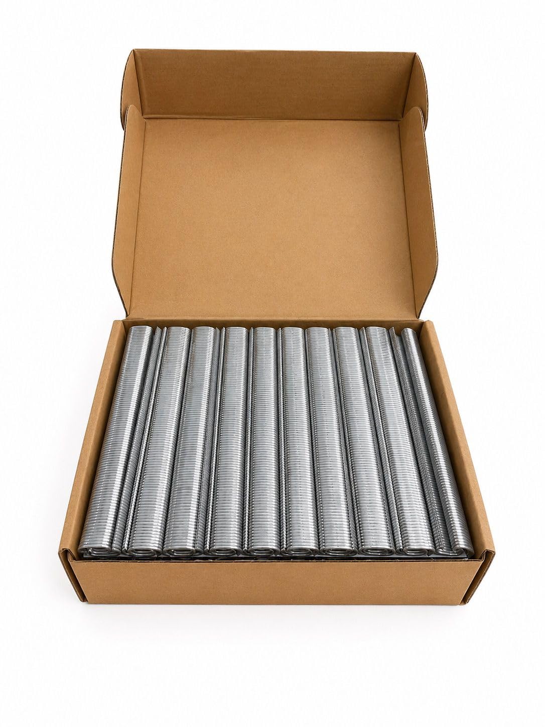 Open box of silver C-ring staples for hog ring tool
