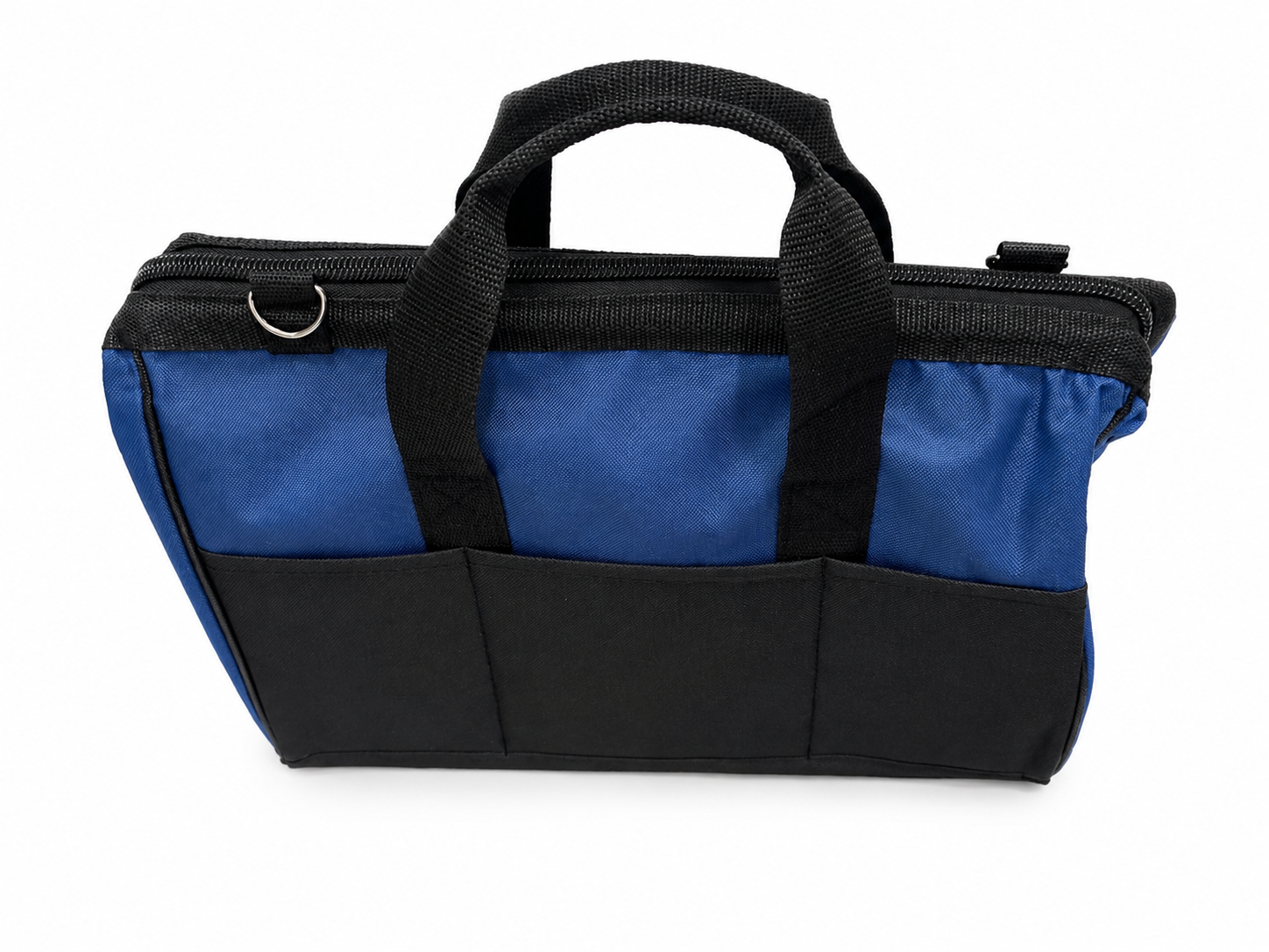 Emergency tow strap storage bag with top handle, blue side panels and black base
