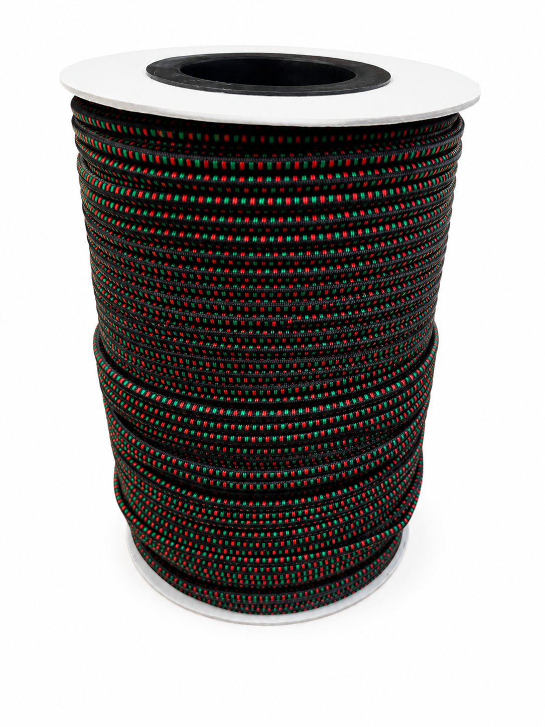 Multicolor bungee cord spool with tightly wound braided elastic