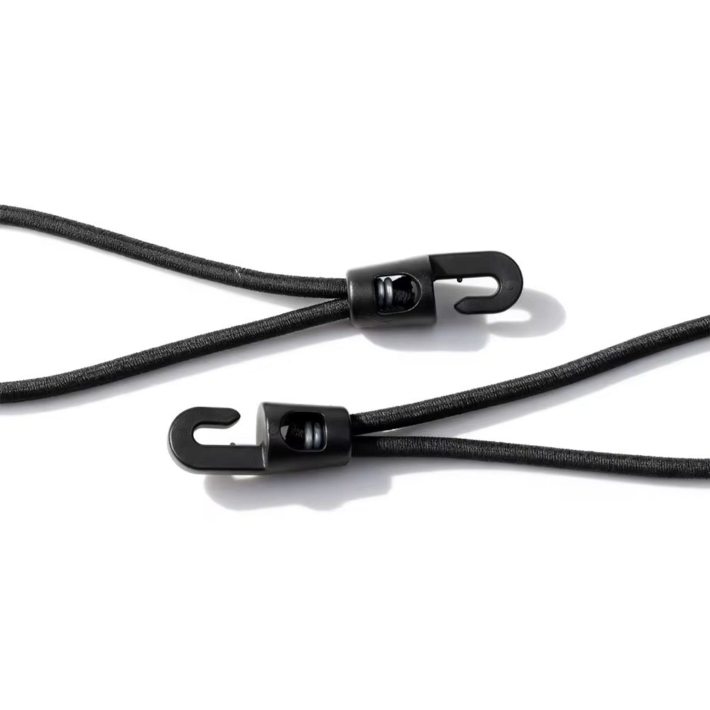 Black braided bungee cords joined with plastic breakaway hooks