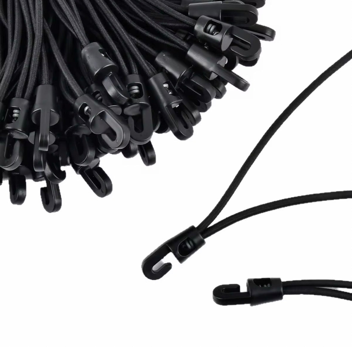 Braided black bungee cords with black loop hooks and release clips