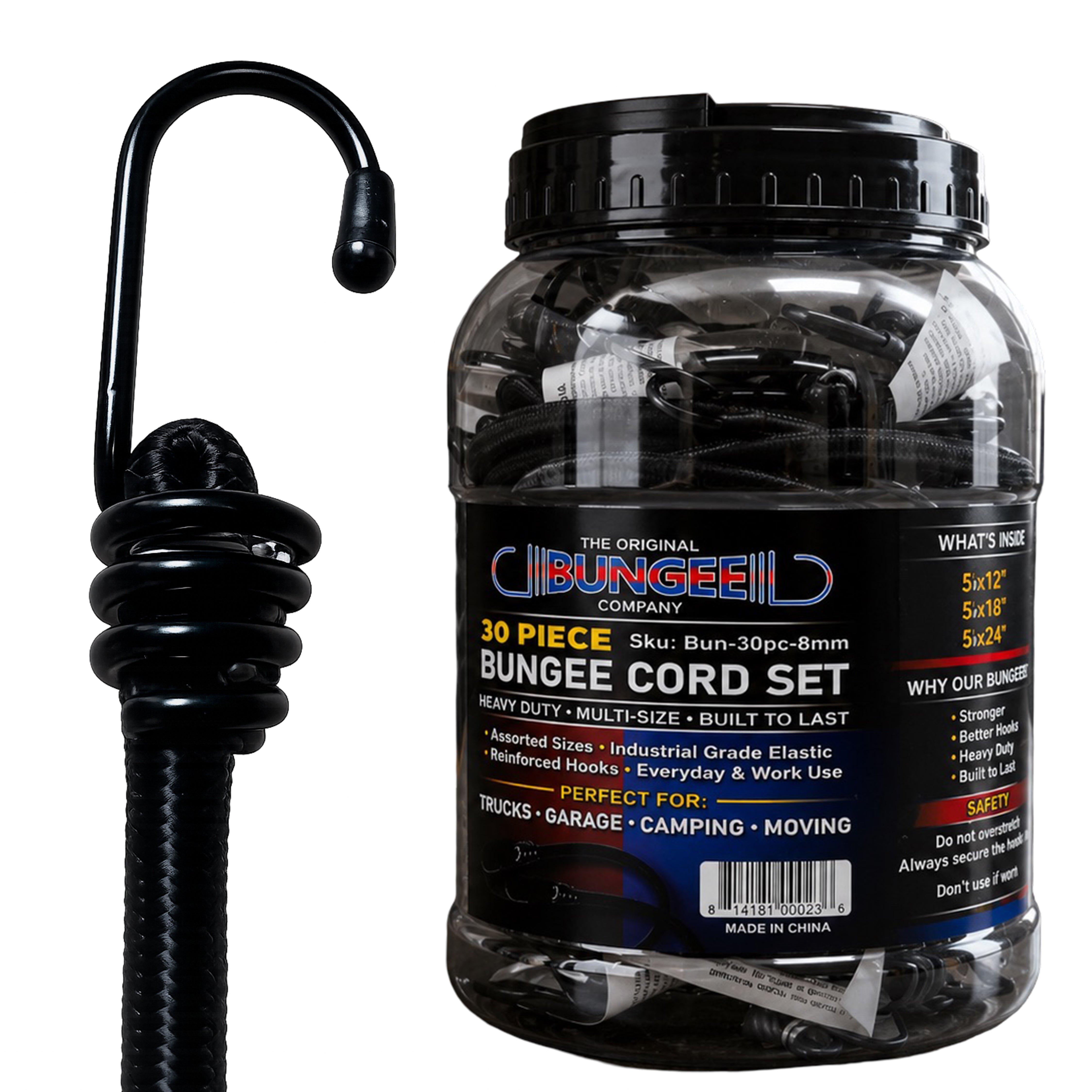 Bungee cord kit packaging jar with bundled black cords and hook