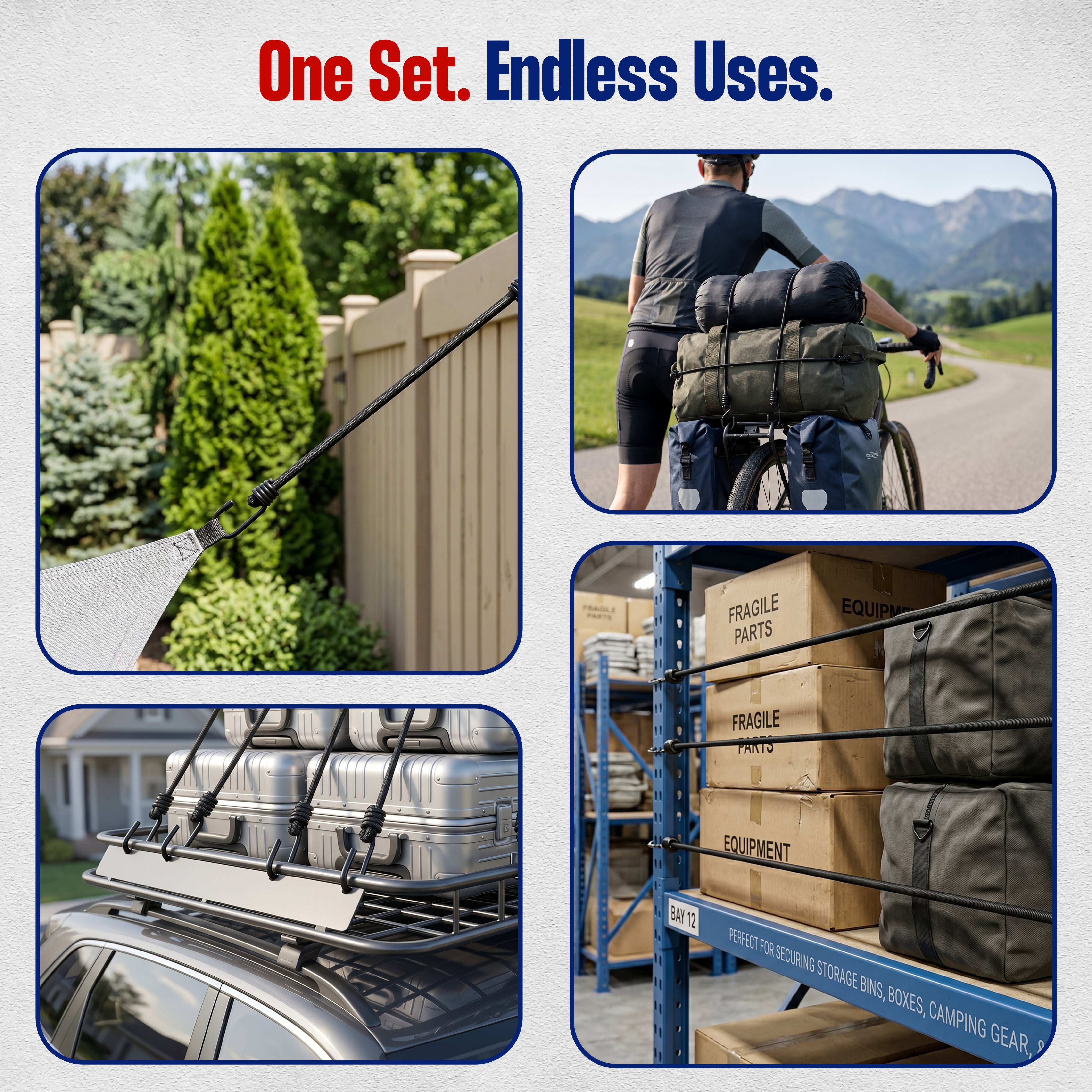 Bungee cord tie-down kit with bundled black cords and metal hooks