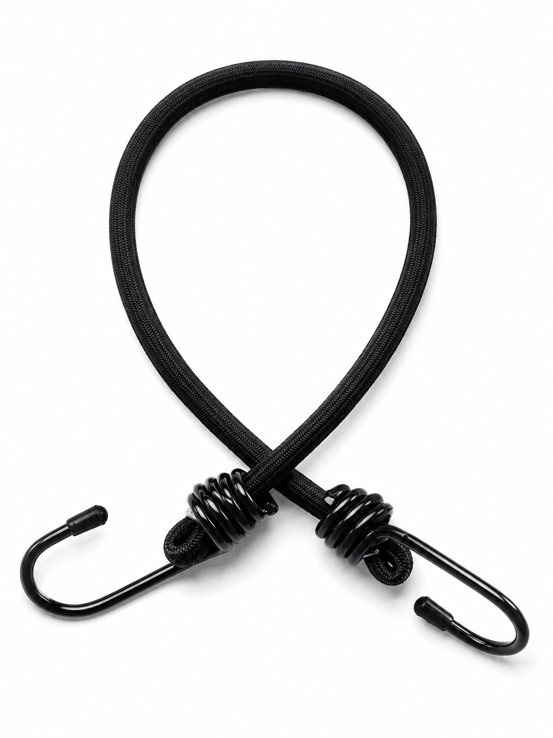 Black bungee cord assembly with two plastic-coated steel hooks on white