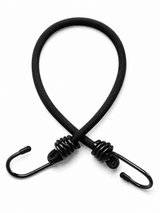 Black bungee cord assembly with two plastic-coated steel hooks on white