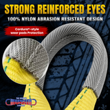Heavy-duty tow strap: gray reinforced loop with yellow nylon webbing and stitched eye protection