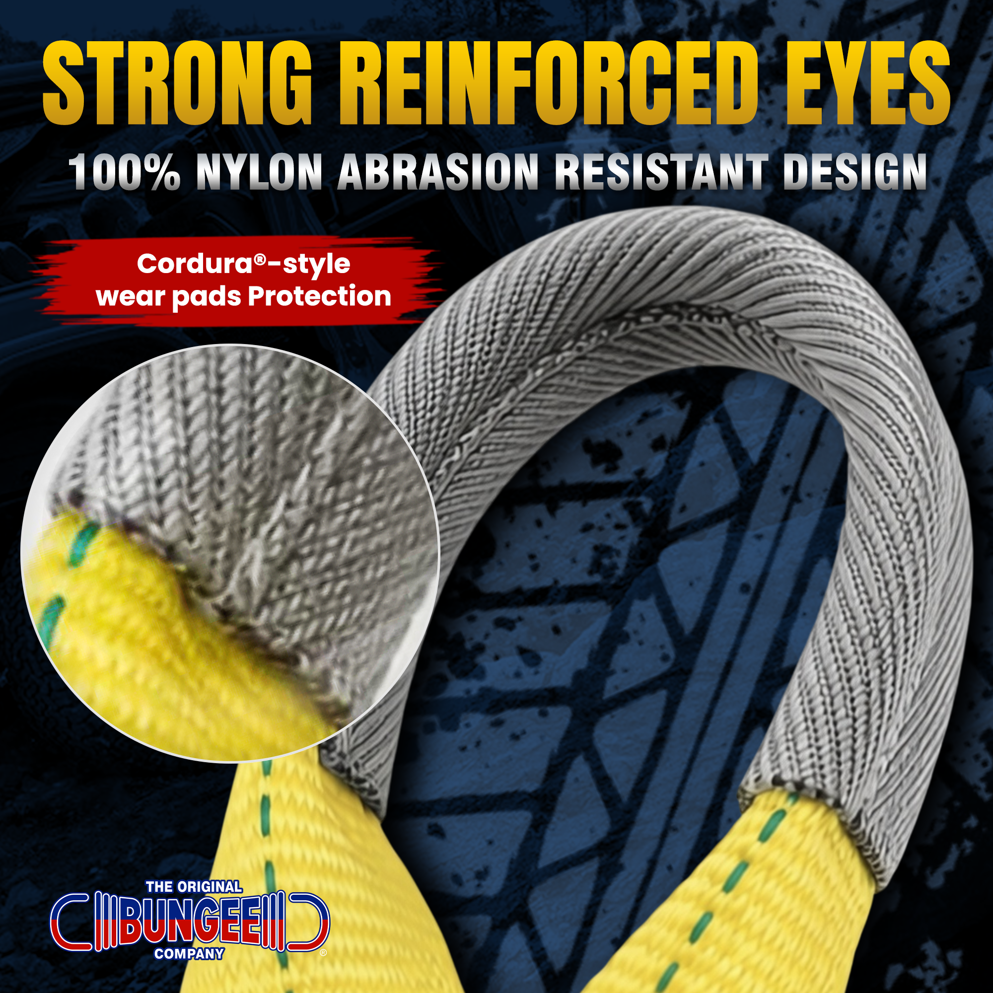 Heavy-duty tow strap: gray reinforced loop with yellow nylon webbing and stitched eye protection