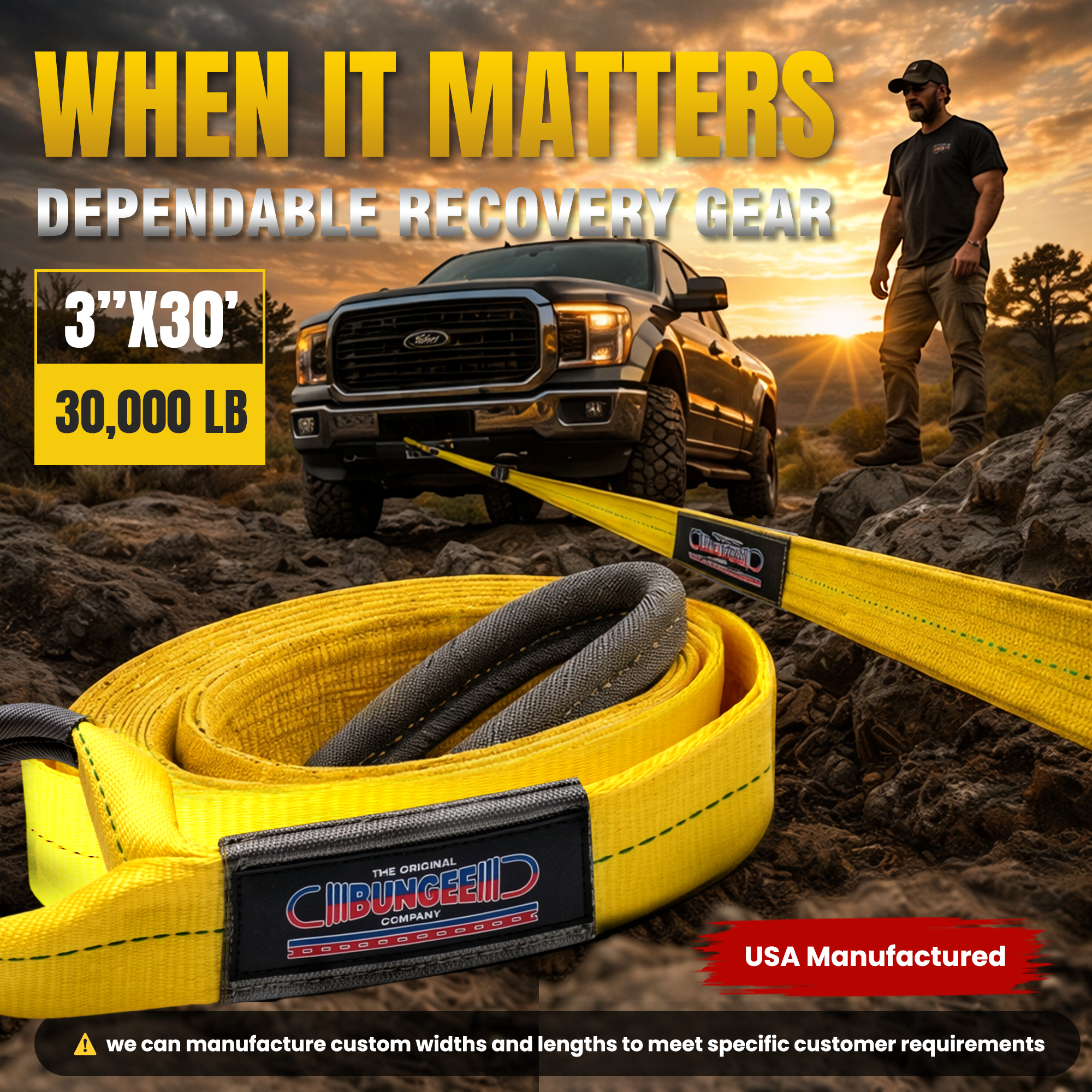 Heavy-duty tow strap bundle with yellow webbing and gray protective loop ends
