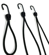 Three bungee cord loops with metal J hooks, dark braided elastic