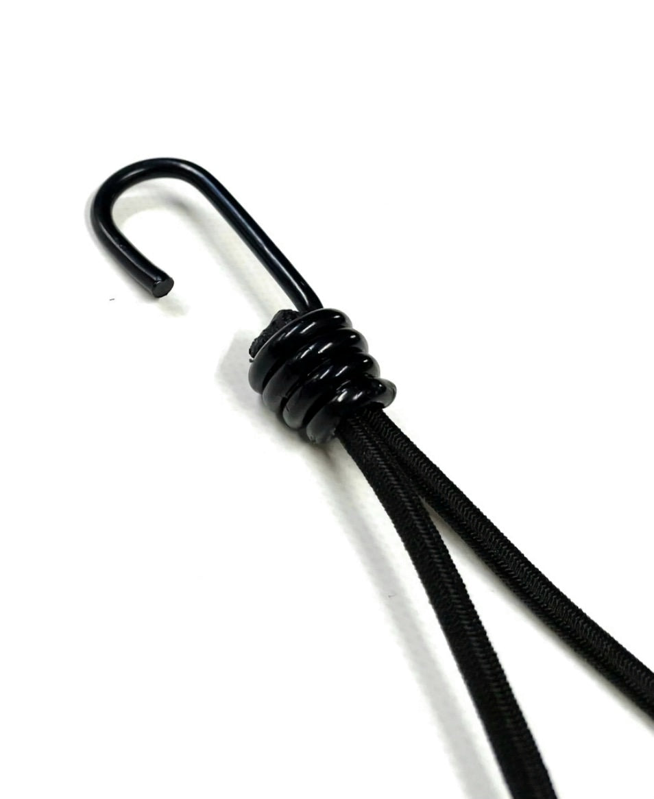 Single bungee cord loop tie-down with metal J hook and dark braided elastic