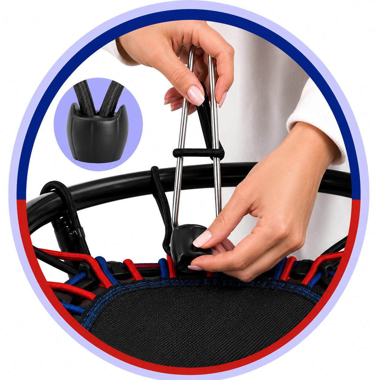 Hands installing black trampoline bungee cords using the included tool