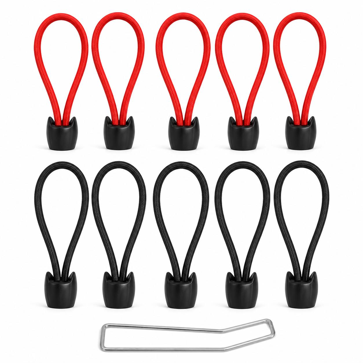 Red and black trampoline bungee cords with capped ends plus metal tool